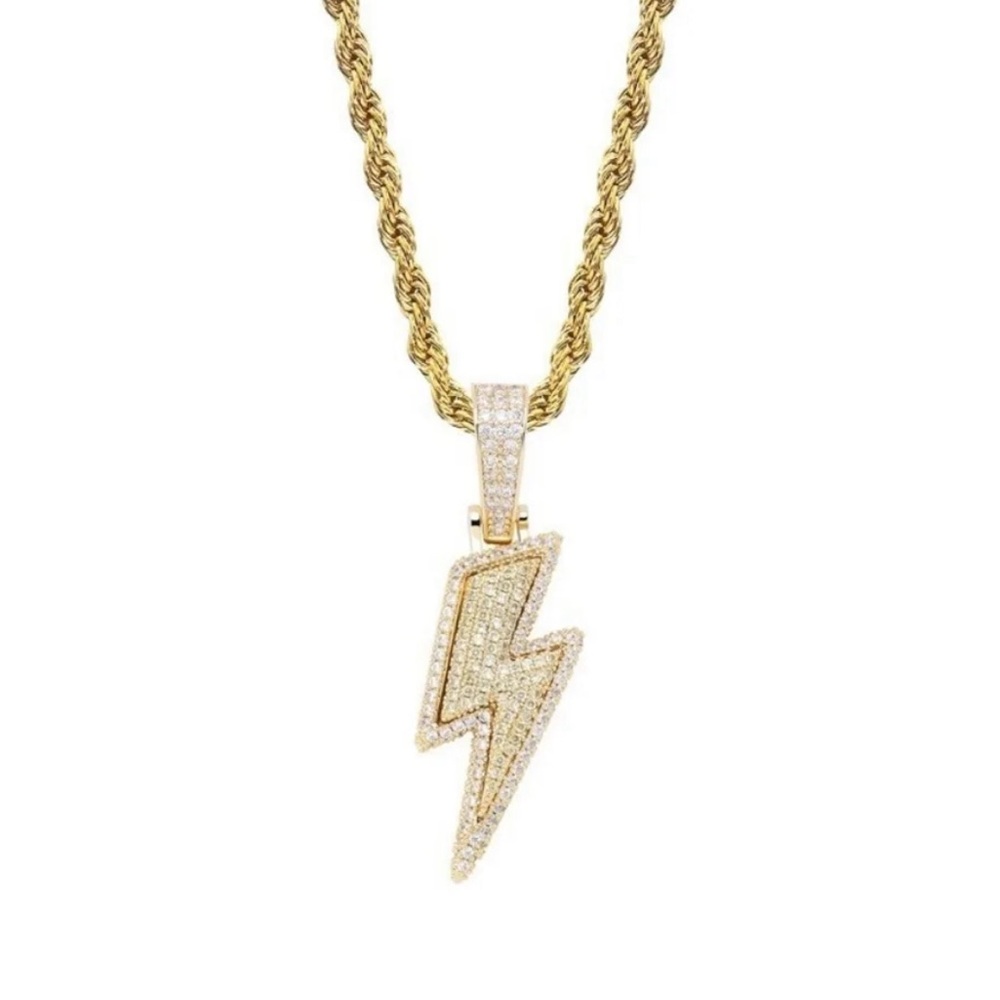 Brand new mens lighting bolt chain and pendant gold silver icy
